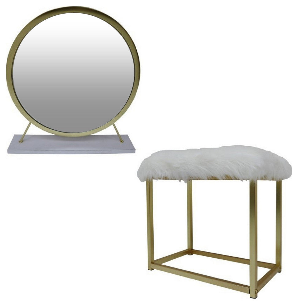 Benzara BM279008 Rose Round Vanity Mirror With Stool, Faux Fur Seat, Brass/White