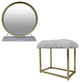 Benzara BM279008 Rose Round Vanity Mirror With Stool, Faux Fur Seat, Brass/White
