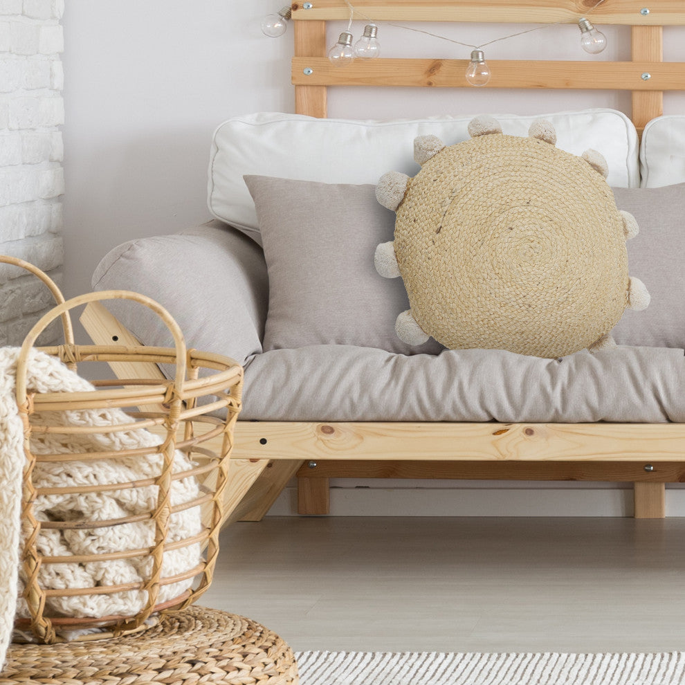 Natural Jute Throw Pillow with Pom Poms Border, Round