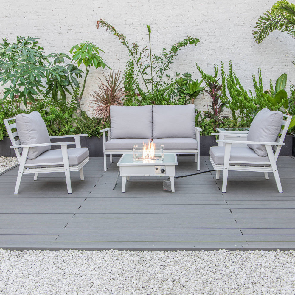LeisureMod Walbrooke Patio Conversation Set With Fire Pit Table, Light Grey