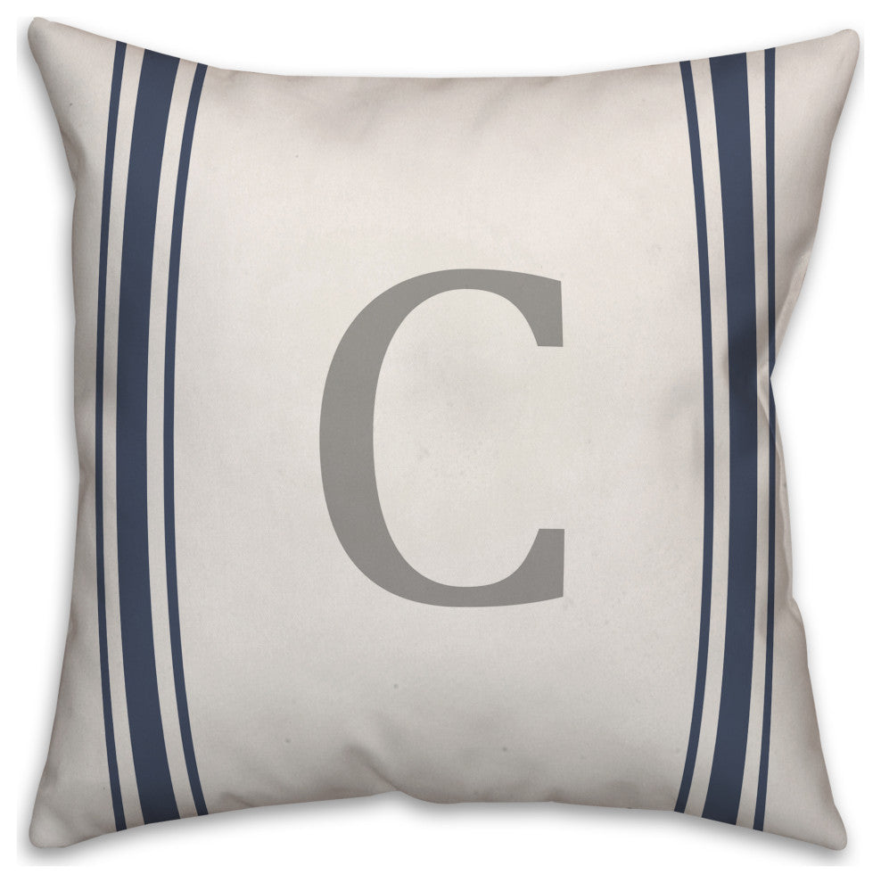Blue Farmhouse Stripe Monogram - C 18x18 Spun Poly Pillow