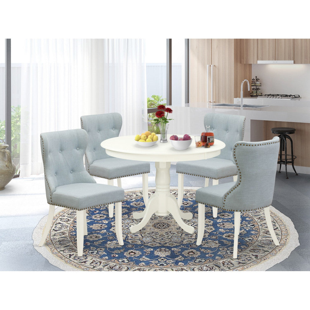 A Dining Set Of 4 Dining Chairs, Baby Blue Color, 42"Round Table, Linen White