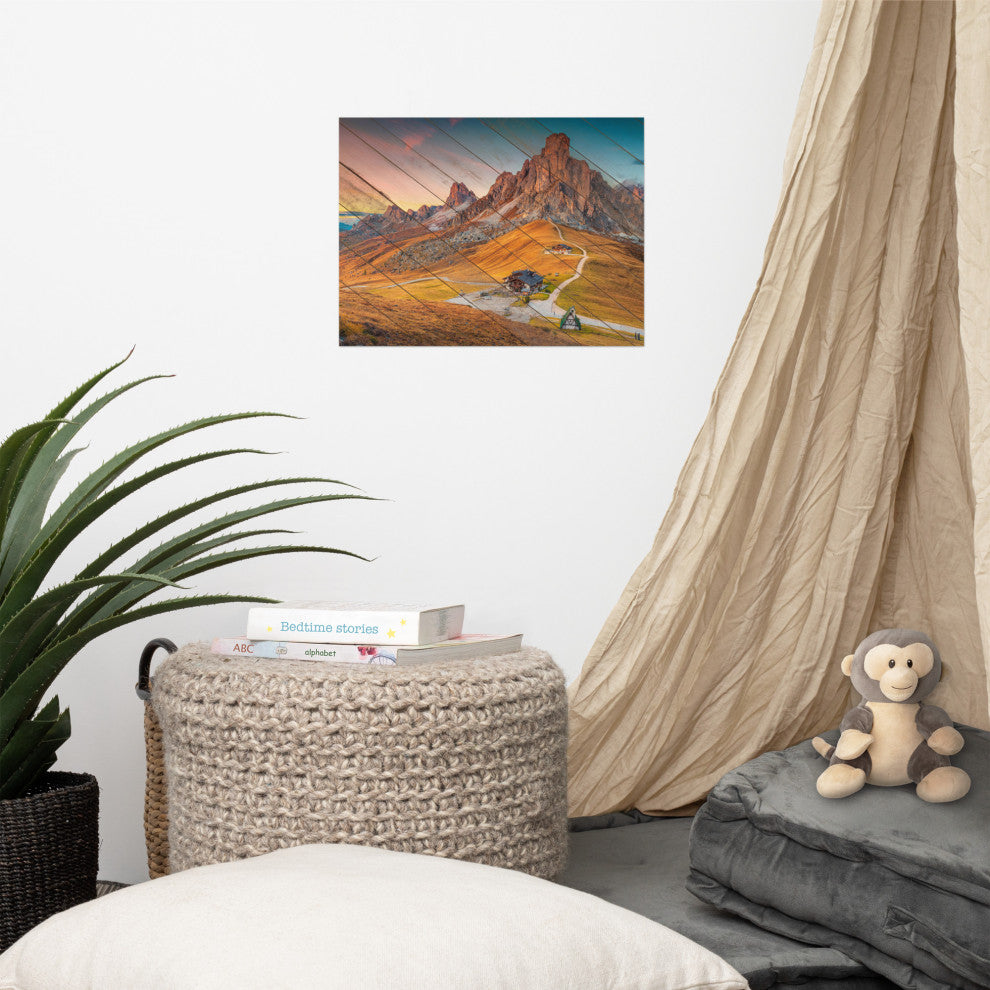 Faux Wood Majestic Sunset & Alpine Mountain Landscape Photo Wall Art Print, 12" X 16"