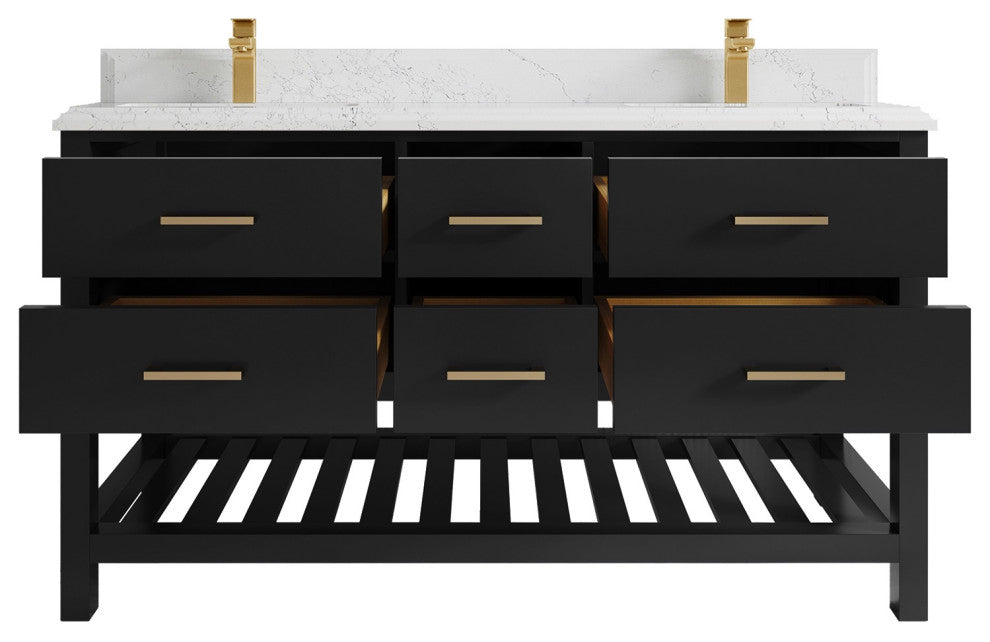 Parker 60" Double Sink Bath Vanity, Black 1.5" Empira White Quartz