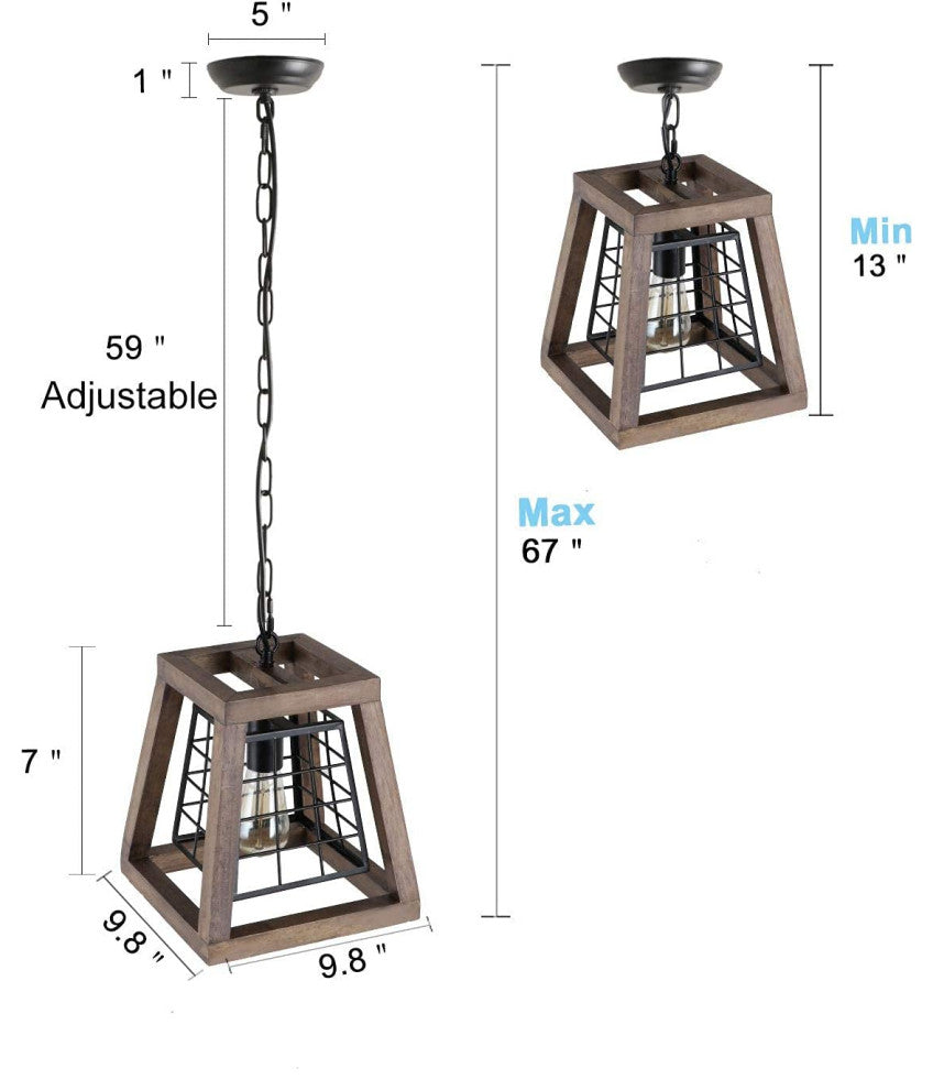 Antique Wood Pendant Lamp Farmhouse Cage Vintage Light