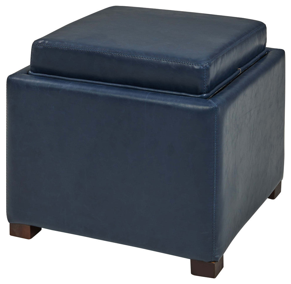 Cameron Square Storage Ottoman w/ tray, Vintage Blue, Bonded Leather