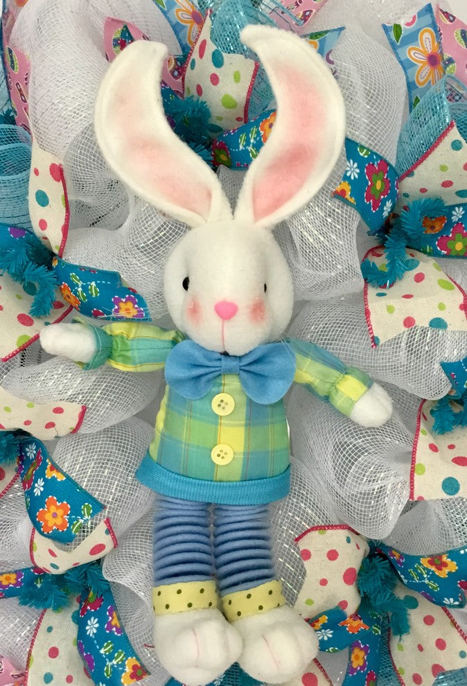 Plush Easter Bunny With Dangling Legs Handmade Deco Mesh