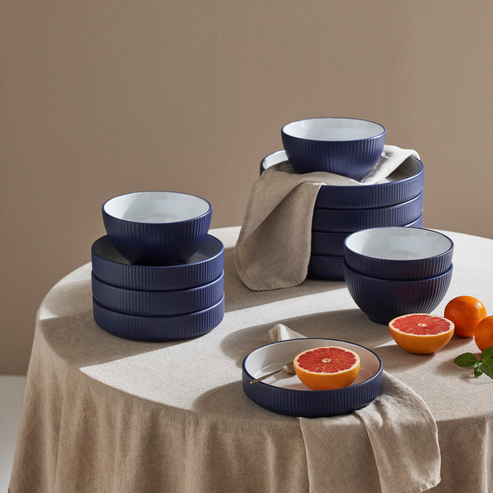 Christian Siriano Larosso Stoneware 12 Piece Dinnerware Set, Dark Blue