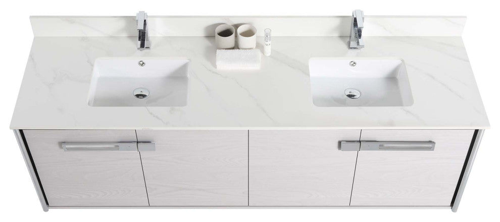 Oakville Wall Mount Bathroom Vanity, Mild Grey Oak, 72", Chrome Hardware