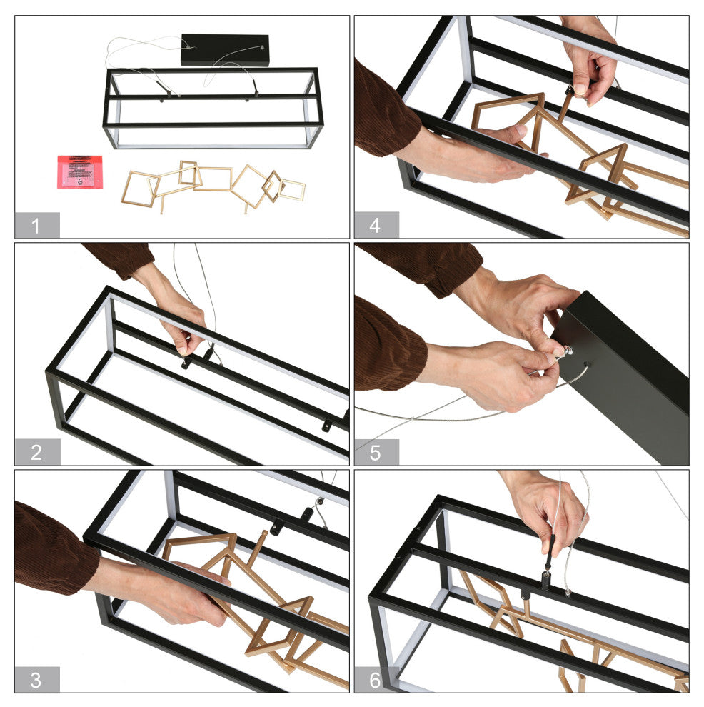 LNC Safranner LED 8-Light 28" Modern Rectangle Chandeliers, Black/Gold