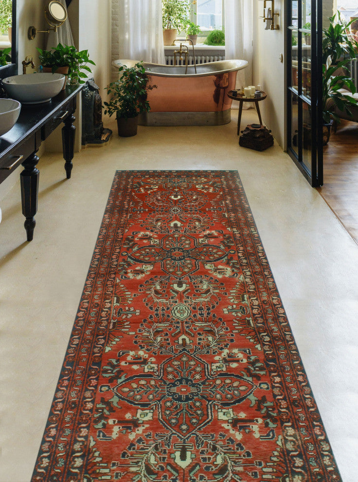 Fine Vintage Distressed Nomble Rust/Charcoal Runner, 3'4x12'9