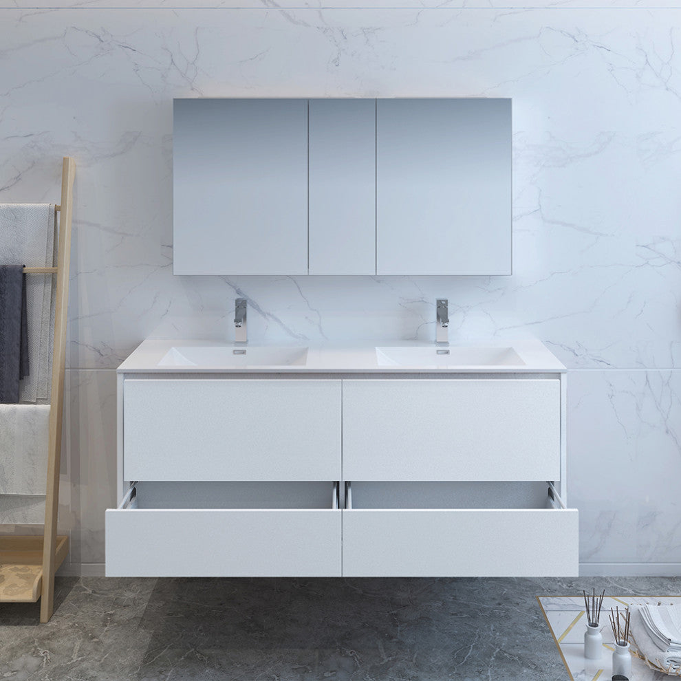 Fresca Catania 60" Gloss White Wall Hung Double Sink Vanity, Medicine Cabinet