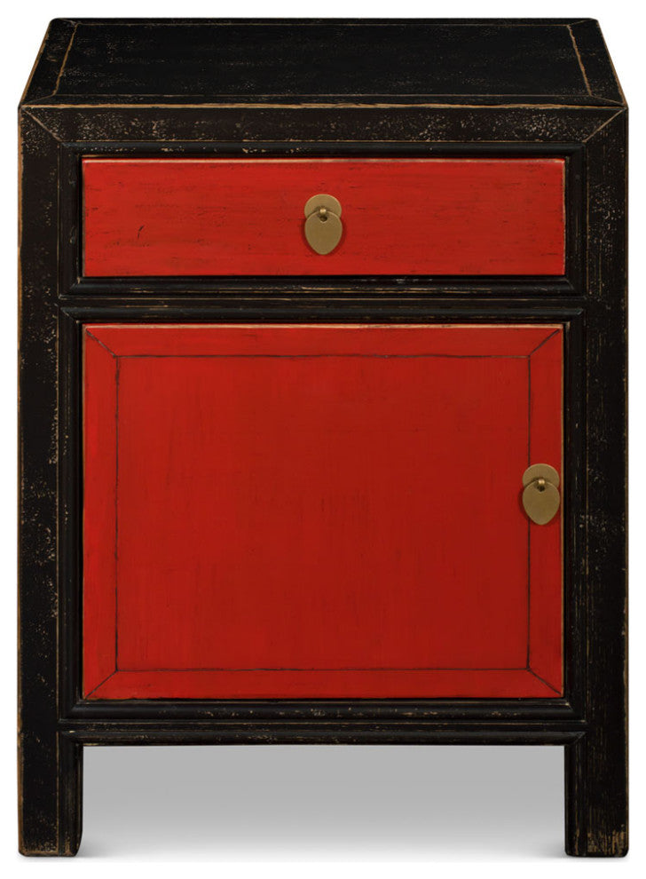Distressed Black and Red Elmwood Petite Peking Asian Cabinet