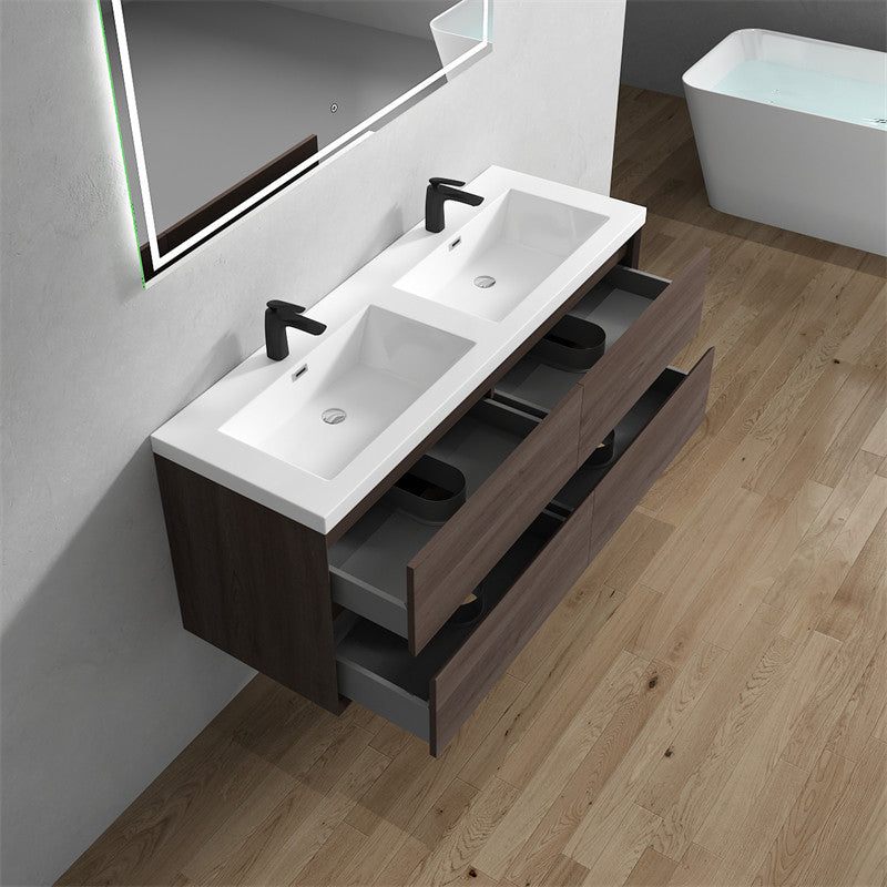 Ashley 60'' Floating Vanity, Acrylic Top, Double Sink, Red Oak