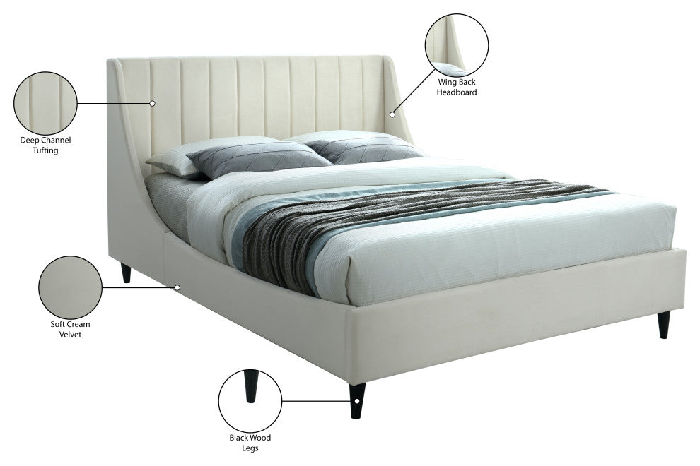 Eva Velvet Upholstered Bed, Cream, King