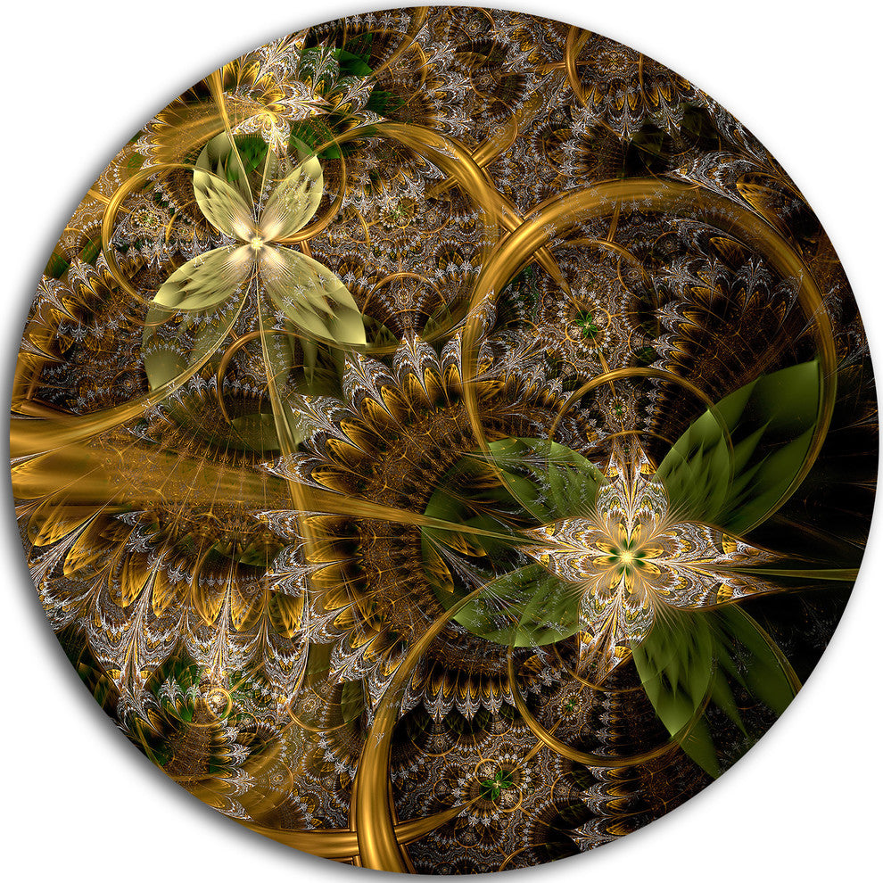 Green Gold Digital Art Fractal Flower, Floral Round Metal Wall Art, 23"
