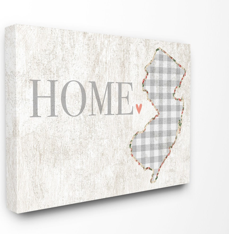 New Jersey Gray Gingham & Floral Heart & Home Canvas Wall Art, 16"x20"