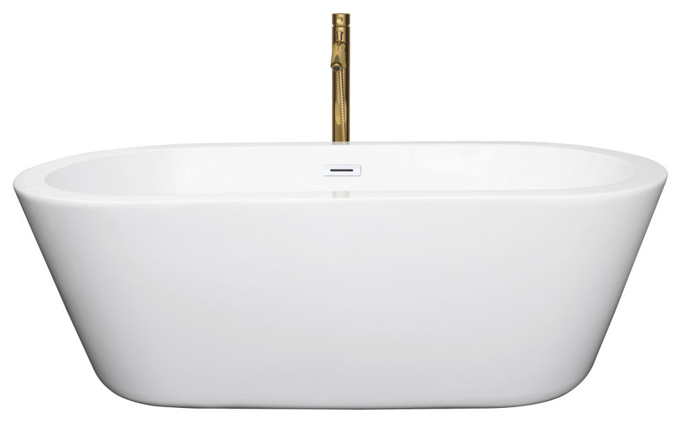67" Freestanding Bathtub, White, White Trim, Floor Mounted Faucet, Gold