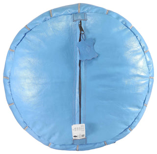 Handmade Moroccan Ottoman, Genuine Leather Pouf, Sky Blue