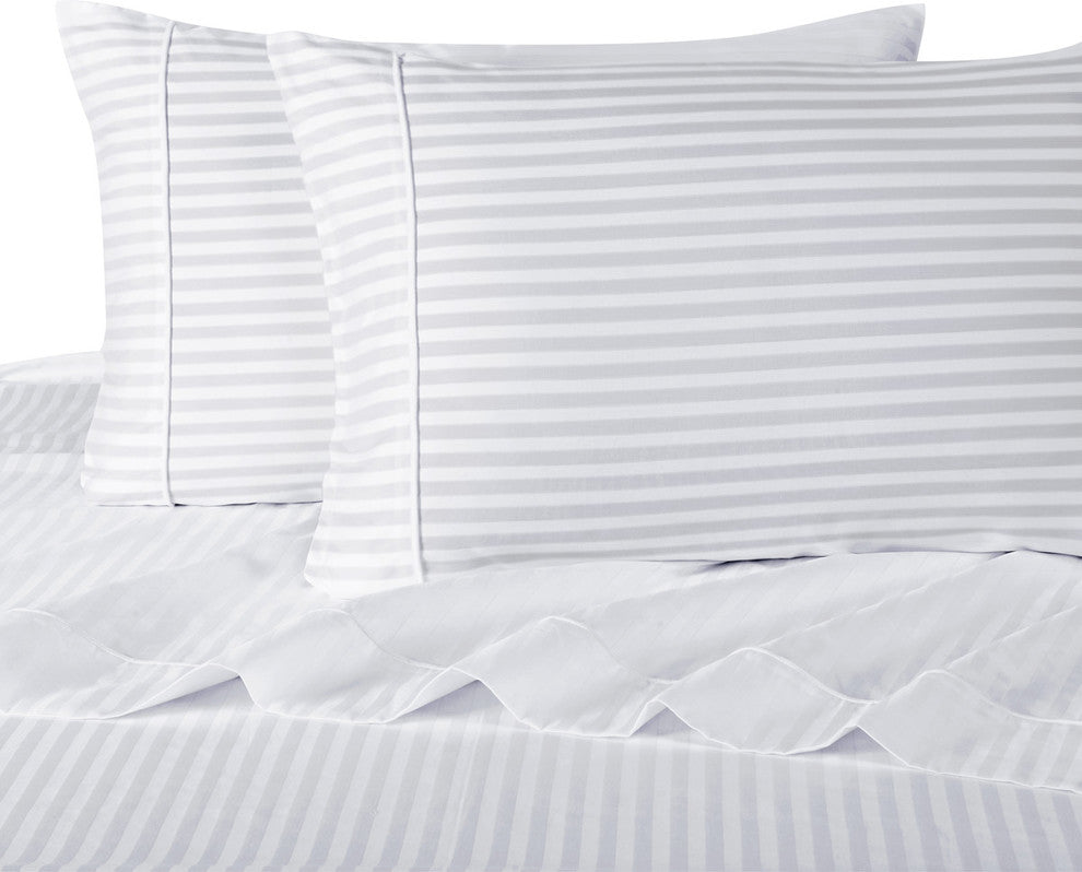600TC 100% Long Staple Cotton Stripe Sheet Set, White, Queen