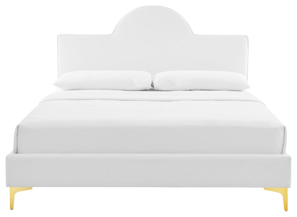 Platform Bed Frame, King Size, White, Velvet, Modern, Bedroom Guest Suite