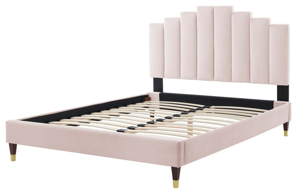 Platform Bed Frame, Full Size, Velvet, Pink, Modern Contemporary, Bedroom Master