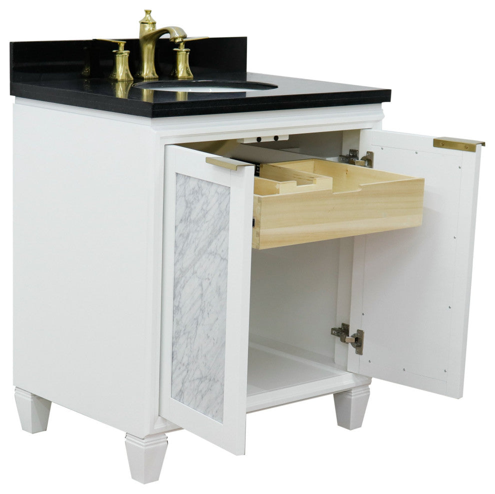 31" Single Sink Vanity, White Finish With Black Galaxy Granite With Oval Sink