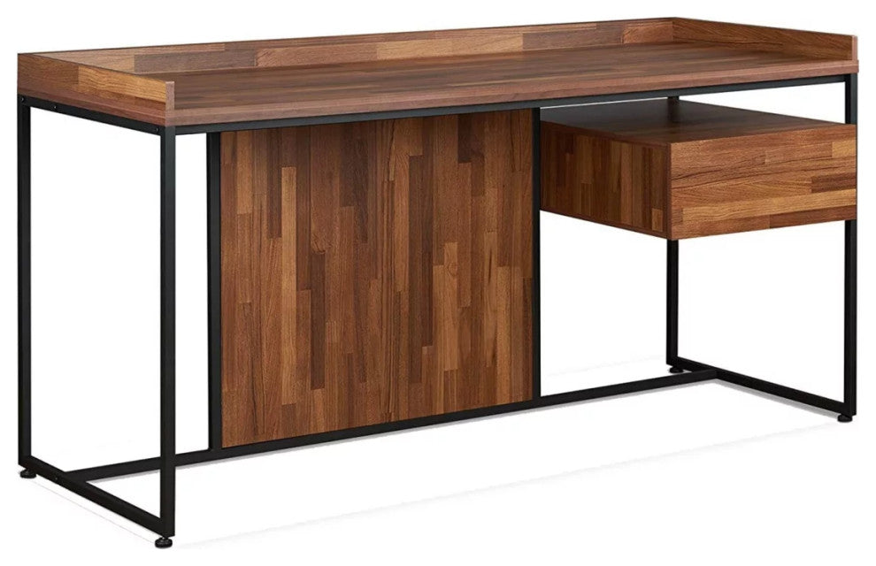 Modern Desk, Minimalist Design With Metal Frame & Multi Tone Brown Finished Top
