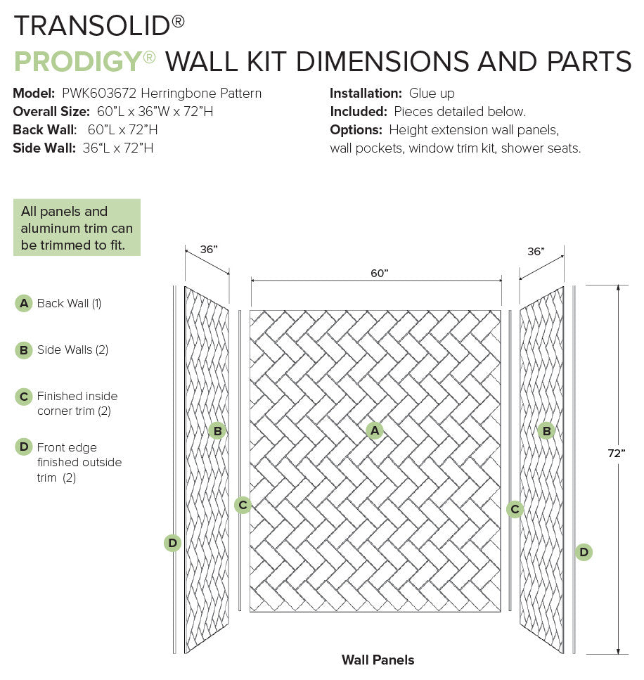 Transolid PWK603672-431 Prodigy 60"x36"x72" Shower Wall Kit, White Herringbone