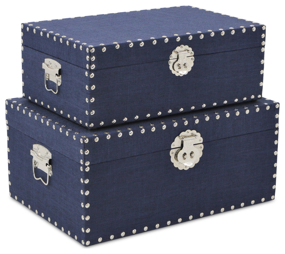 Linen Studded Keepsake Boxes, Navy, Set of 2