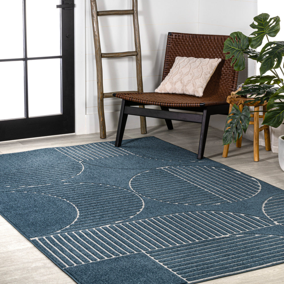High-Low Arch Scandi Striped Navy/Cream 3 ft x 5 ft Indoor/Outdoor Area Rug