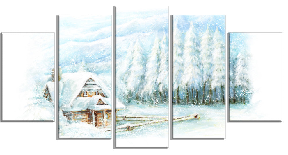 "Christmas Winter Happy Scene" Landscape Wall Art, 5 Panels, 60"x32"