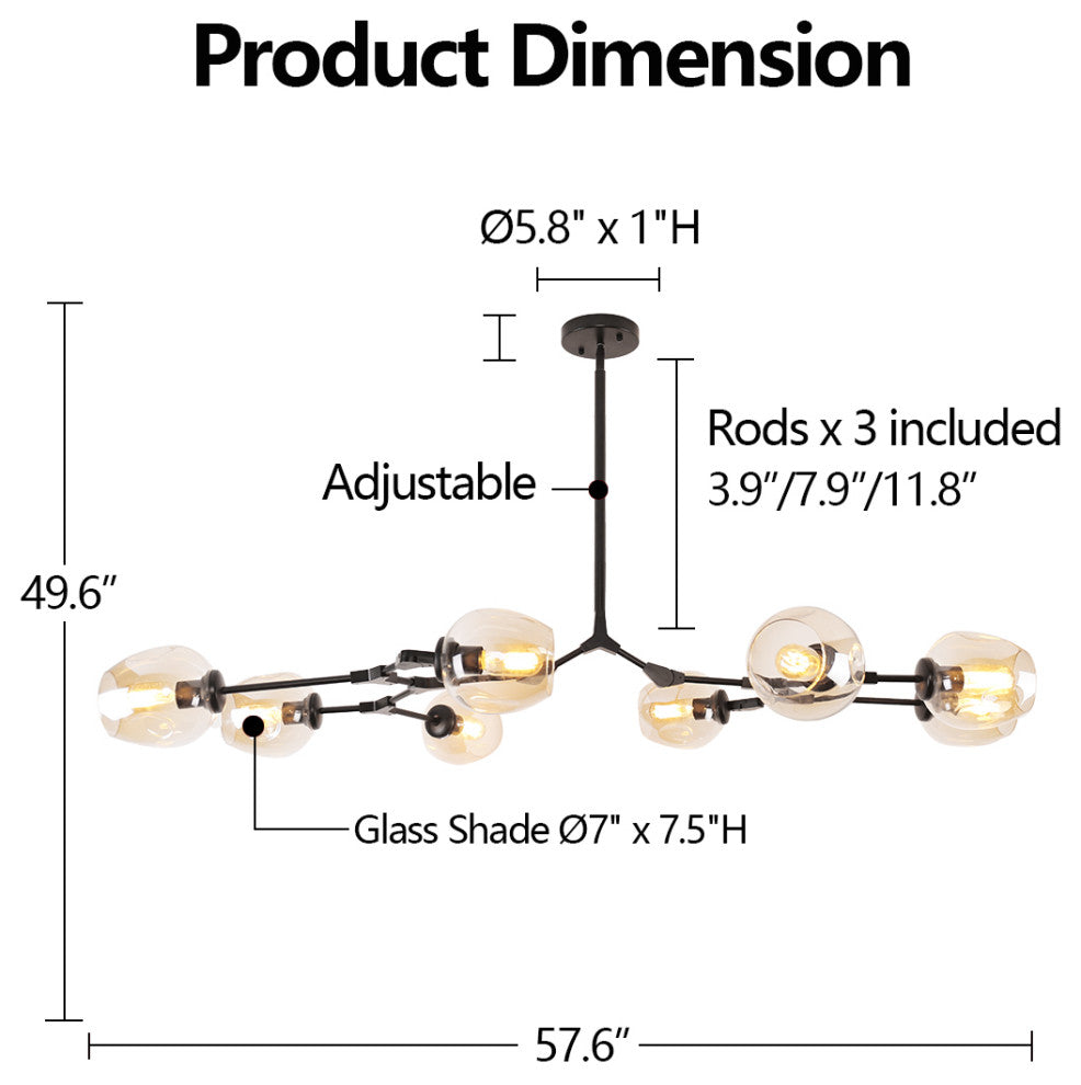 Adjustable Clear Glass Shades Chandelier Pendant, Amber, 8 Light