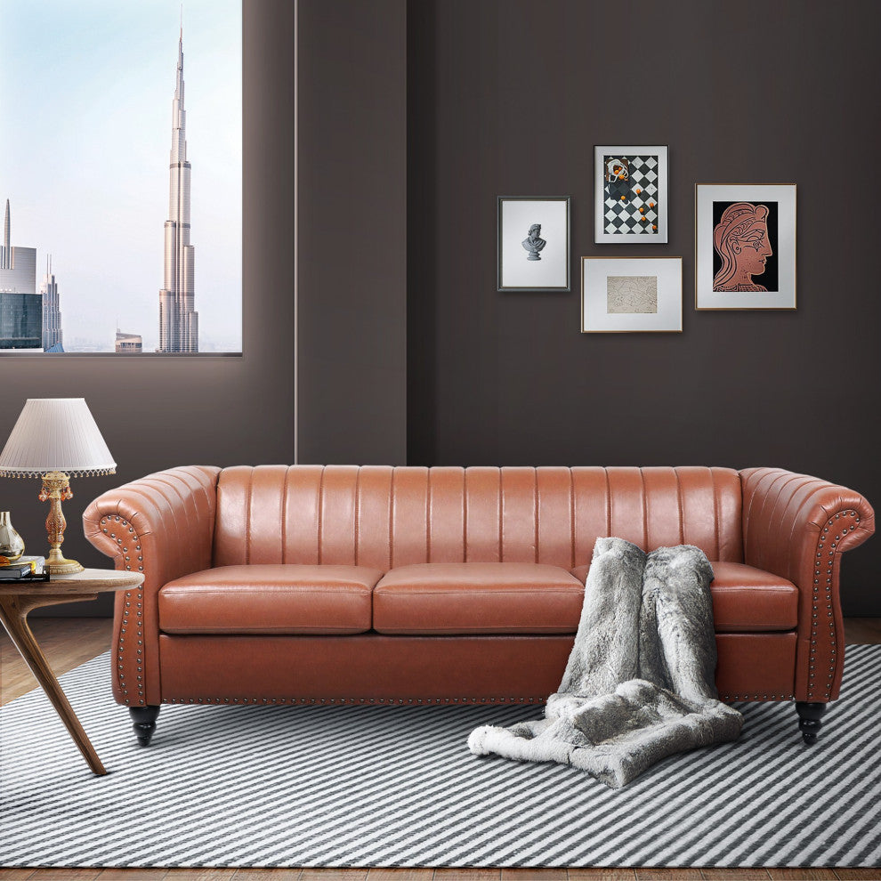 83" Faux leather Rolled Arm Sofa with Nailhead Trim, Brown, 83'' X 33''