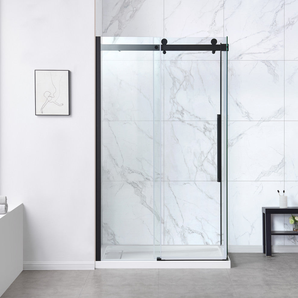 Bel Soft-Close Matte Black 48" Frameless Sliding Soft Close Shower Door