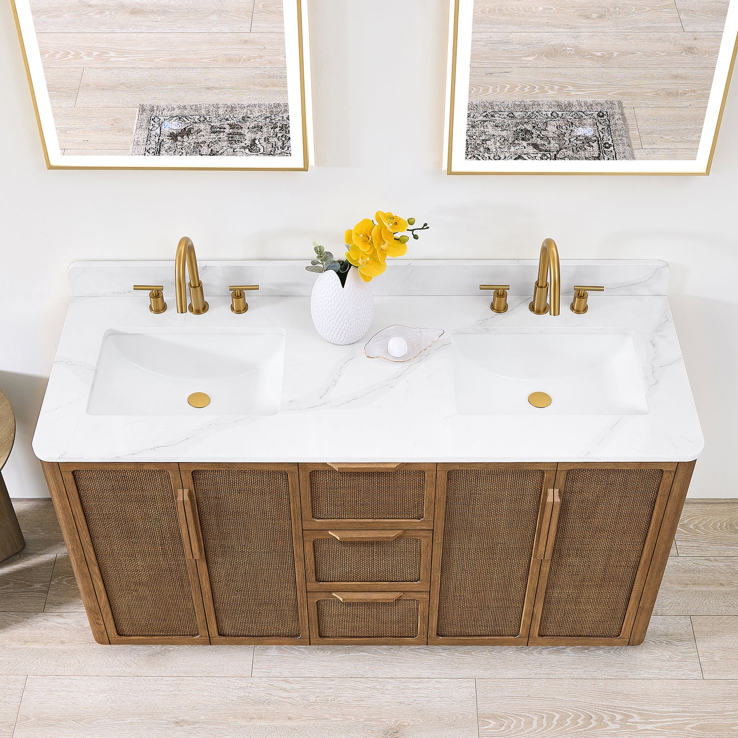 Busan Bath Vanity, Quartz Top No Mirror, Oak Classic Brown, 60", Double Vanity