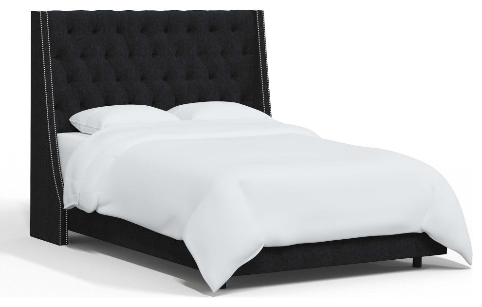 Tufted Sloped Wingback Bed, Nail Trim, Zuma Caviar, Queen