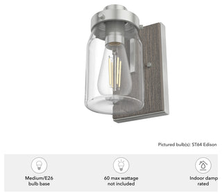 Devon Park Brushed Nickel and Grey Wood With Clear Glass 1 Light Sconce Wall