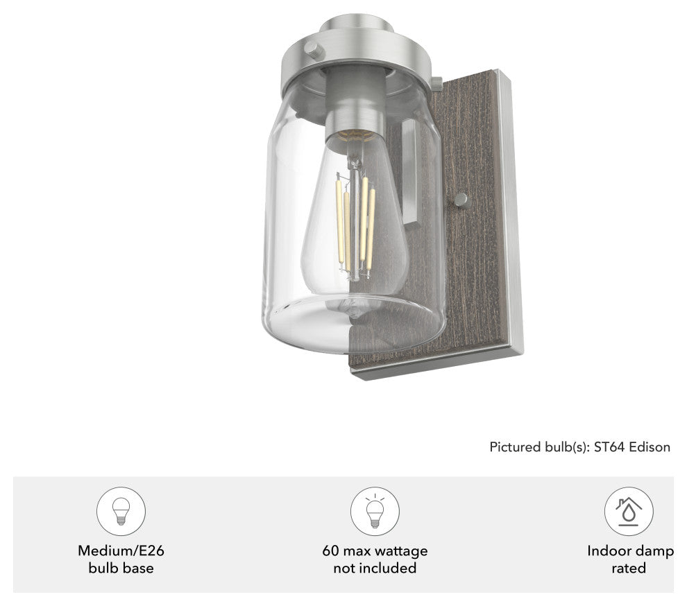 Devon Park Brushed Nickel and Grey Wood With Clear Glass 1 Light Sconce Wall