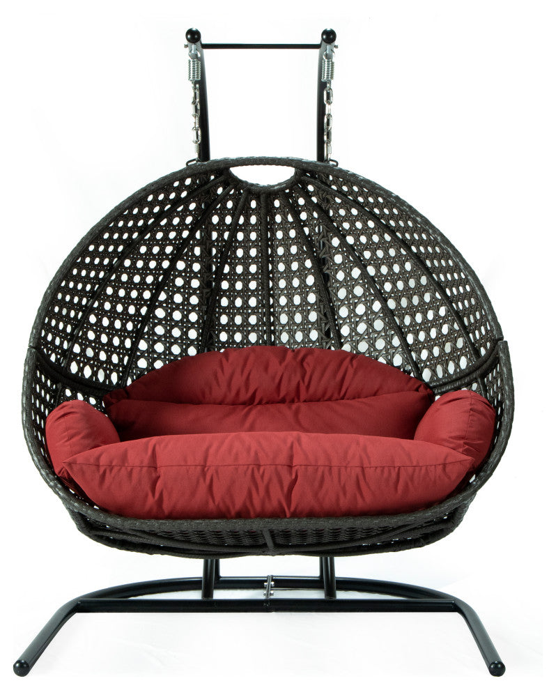 LeisureMod Wicker Hanging Double Egg Swing Chair, Dark Red