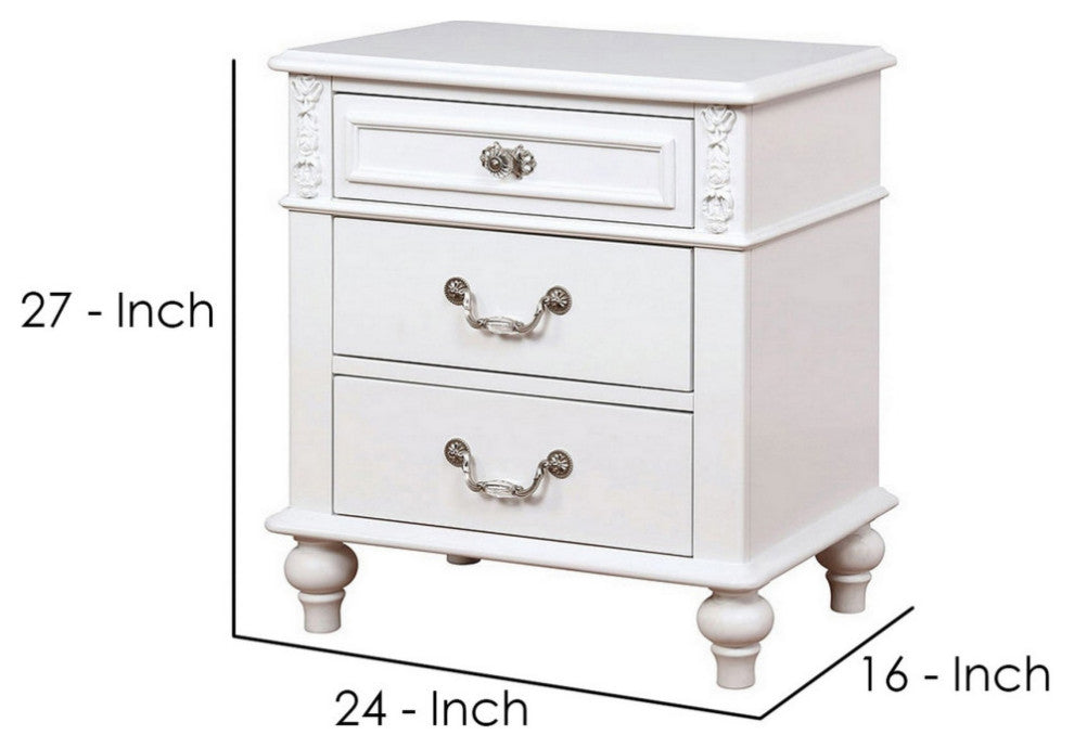 Nightstand with 3 Drawers and Built In USB Port, White