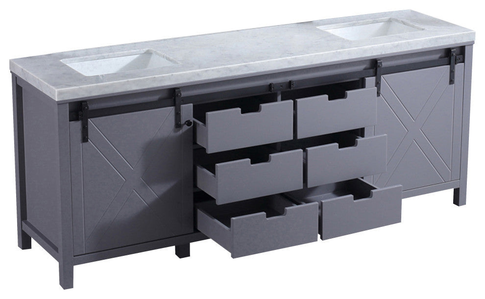 Marsyas 84" Dark Gray Double Vanity, White Marble Top, White Sinks, No Mirror