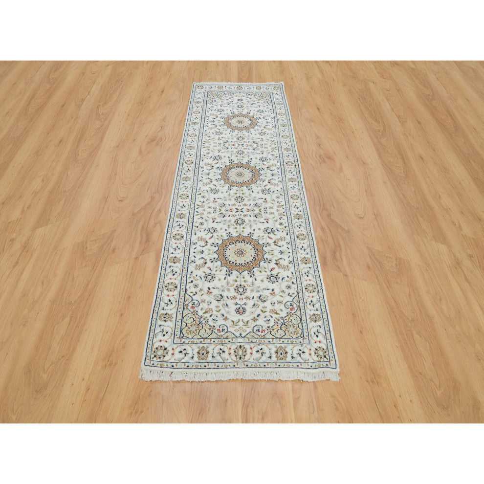 White, Natural Wool, Hand Knotted, Nain Design 250 KPSI Runner Rug, 2'8"x8'4"