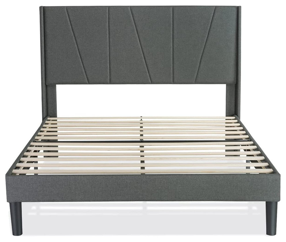 Full Bed Frame, Upholstered Platform Bed with Geometric Headboard and Wingback
