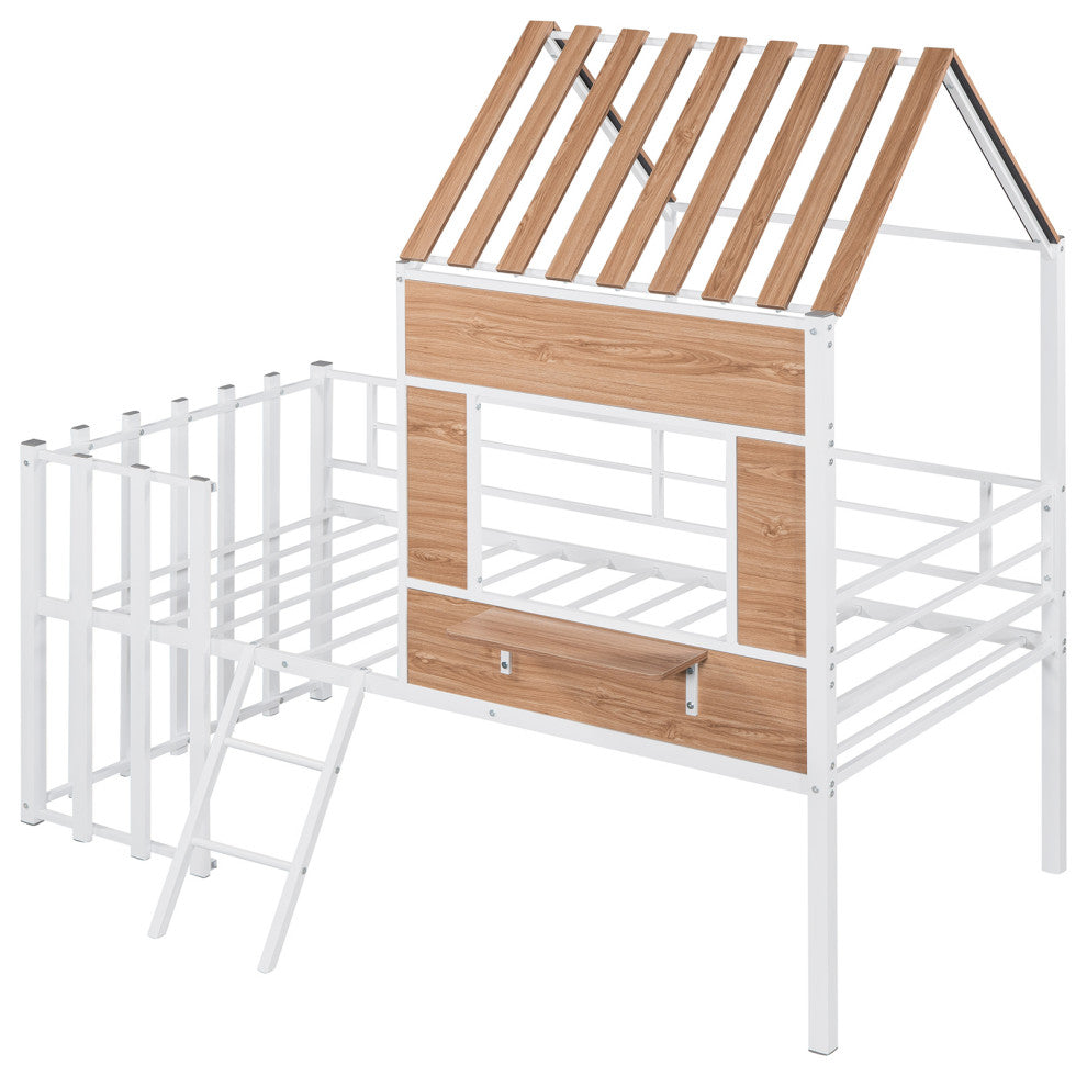 Gewnee Metal Twin Loft Bed with Roof, Window and Ladder in White