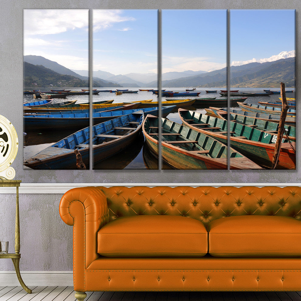 Colorful Boats Pokhara Lake, Boat Canvas Art Print, 48"x28", 4 Panels