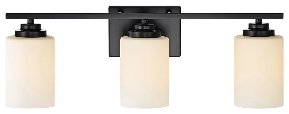3-Light Matte Black Vanity With Etched White Glass Shades