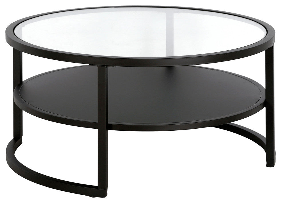 34" Black Glass And Steel Round Coffee Table With Shelf
