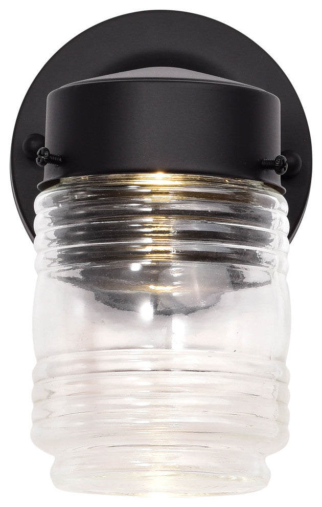 8W 1-Light Porch Wall, Mason Jar 3K, Black Finish With Clear Glass