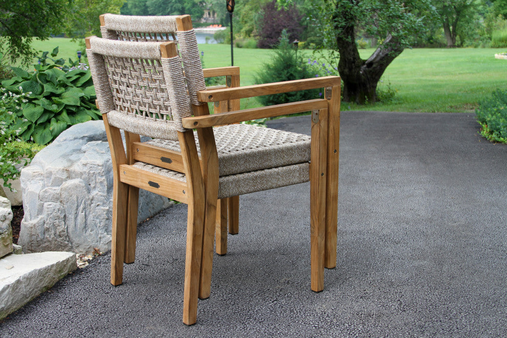 4 Person Round Teak and Composite Dining Table With Stacking Rope Chairs